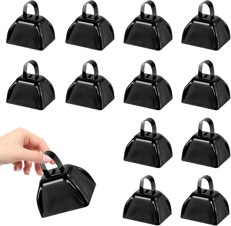 HEYLEAYAR 3Inch Cowbells for Sporting Events,12Pcs Metal Cow Bells Bulk Loud Noise Makers Cow Bell with Handle for Cheering Football Games Spirit Marathon Weddings Party Noisemakers, Black - Image 1